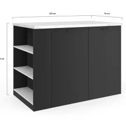 Ilot central TIBO 120 cm bois noir avec plan de travail effet marbre ALASKA