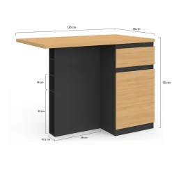 Ilot central TINO 120 cm avec range-bouteilles 4 personnes bois noir avec plan de travail façon hêtre
