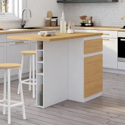 Ilot central TINO 120 cm avec range-bouteilles 4 personnes bois blanc avec plan de travail façon hêtre