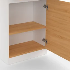 Ilot central TINO 120 cm avec range-bouteilles 4 personnes bois blanc avec plan de travail façon hêtre