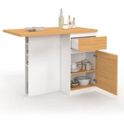 Ilot central TINO 120 cm avec range-bouteilles 4 personnes bois blanc avec plan de travail façon hêtre