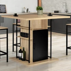 Ilot central UGO 110 cm bois noir et imitation hêtre avec rangements design industriel