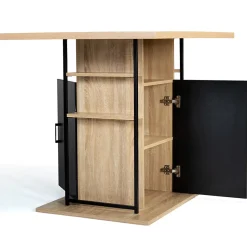 Ilot central UGO 110 cm bois noir et imitation hêtre avec rangements design industriel