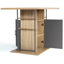 Ilot central UGO 110 cm bois gris et imitation hêtre avec rangements design industriel