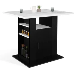 Ilot central UGO 110 cm effet marbre et noir ALASKA avec rangements