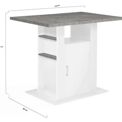 Ilot central UGO 110 cm plateau effet béton et blanc avec rangements