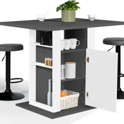 Ilot central UGO 110 cm plateau bois gris et blanc avec rangements