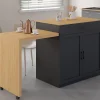 Ilot central VITO 94-155 cm bois noir avec table à manger extensible intégrée façon hêtre