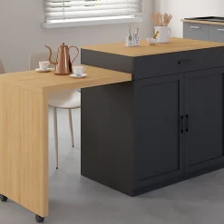 Ilot central VITO 94-155 cm bois noir avec table à manger extensible intégrée façon hêtre