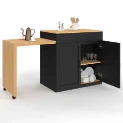 Ilot central VITO 94-155 cm bois noir avec table à manger extensible intégrée façon hêtre
