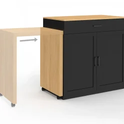 Ilot central VITO 94-155 cm bois noir avec table à manger extensible intégrée façon hêtre