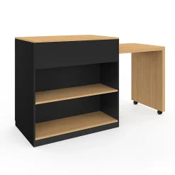 Ilot central VITO 94-155 cm bois noir avec table à manger extensible intégrée façon hêtre