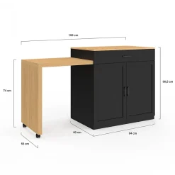 Ilot central VITO 94-155 cm bois noir avec table à manger extensible intégrée façon hêtre