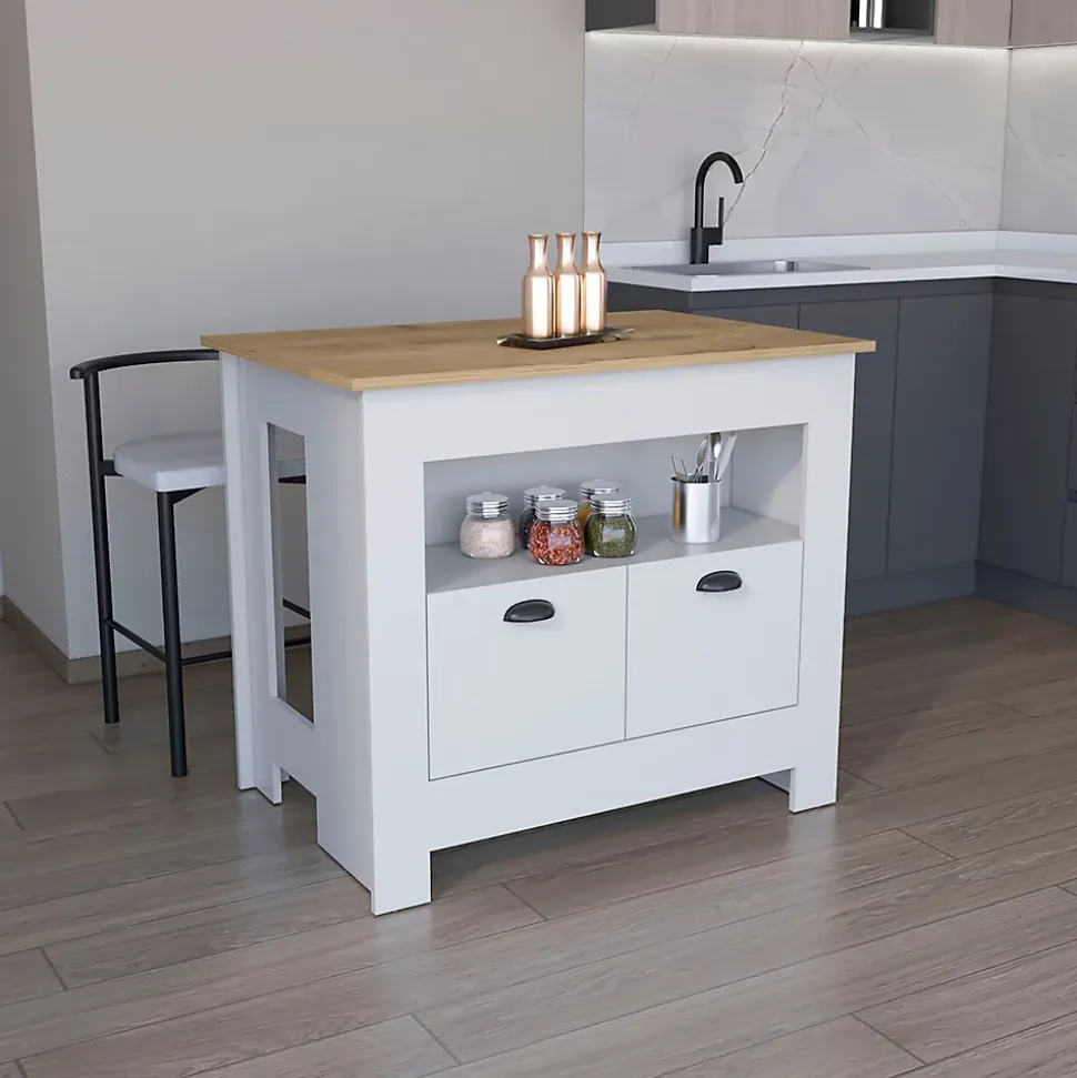 Ilot de cuisine Arlet en mélaminé avec 2 portes et 3 étagères , Blanc / Macadamia , 89.9 cm X 103 cm X 70 cm