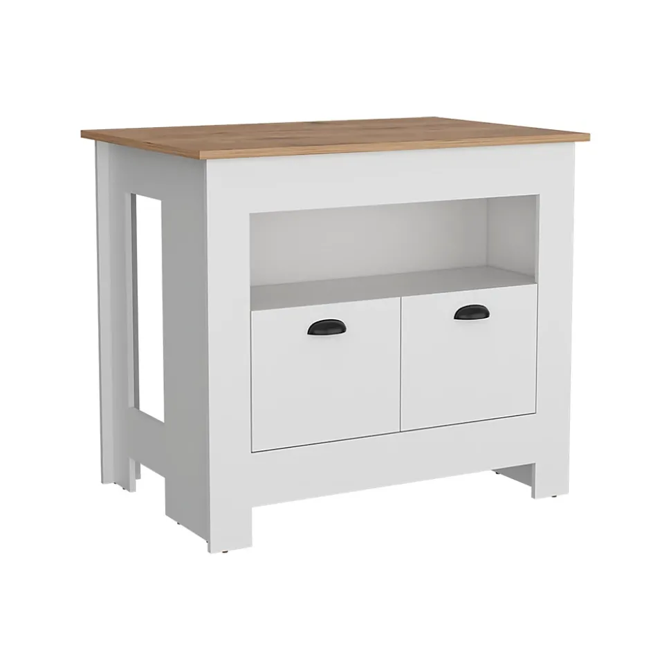 Ilot de cuisine Arlet en mélaminé avec 2 portes et 3 étagères , Blanc / Macadamia , 89.9 cm X 103 cm X 70 cm