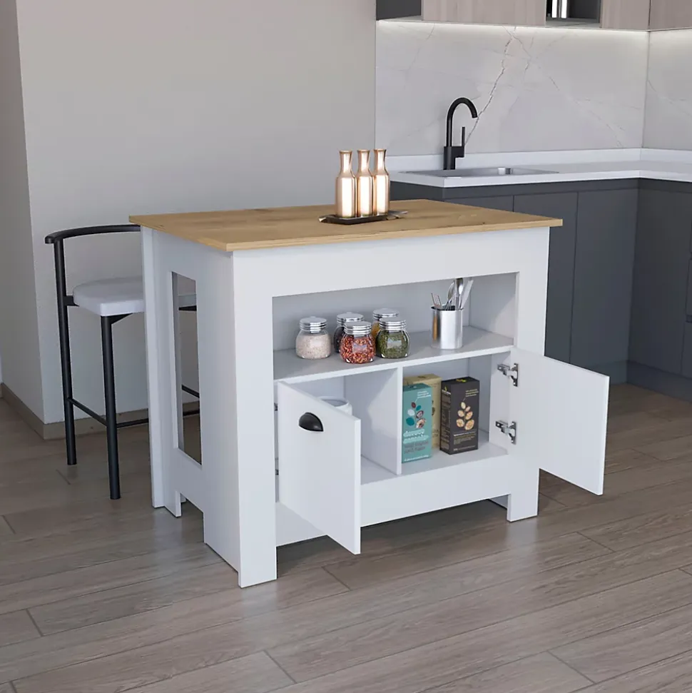 Ilot de cuisine Arlet en mélaminé avec 2 portes et 3 étagères , Blanc / Macadamia , 89.9 cm X 103 cm X 70 cm