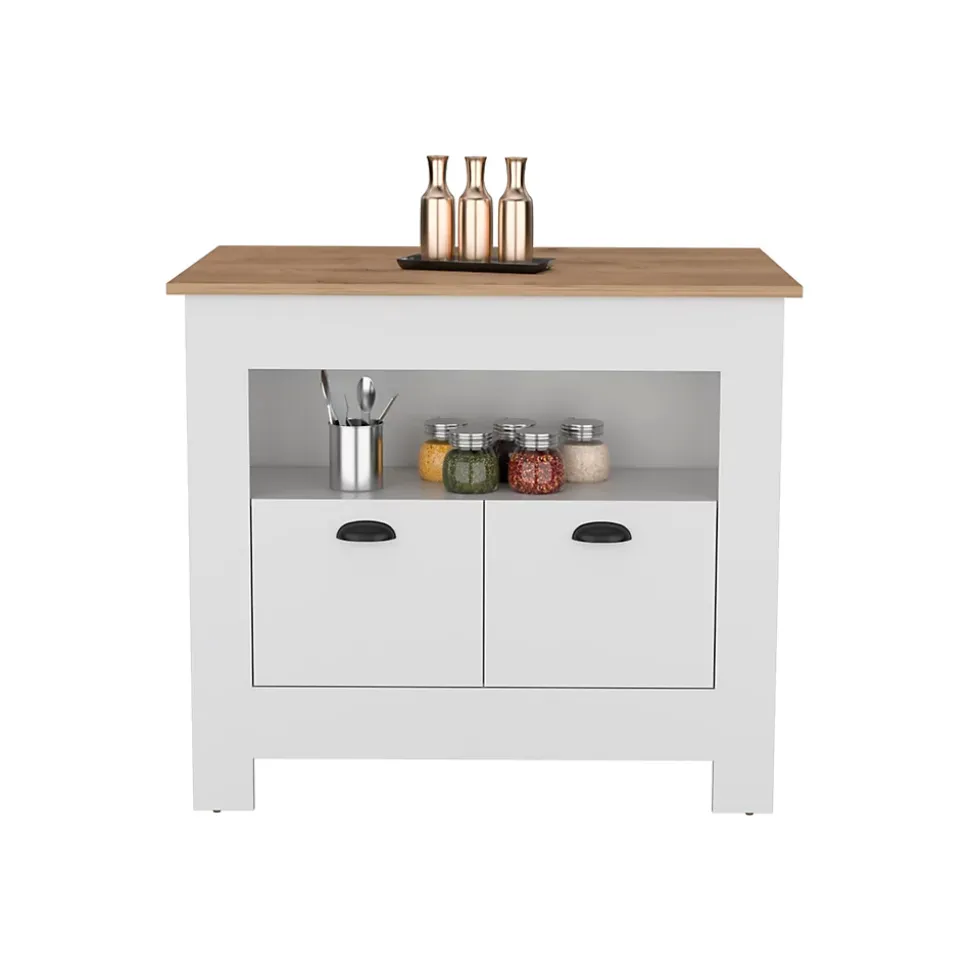 Ilot de cuisine Arlet en mélaminé avec 2 portes et 3 étagères , Blanc / Macadamia , 89.9 cm X 103 cm X 70 cm