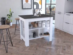 Ilot de cuisine Cala avec trois étagères et quatre pieds , 89.91 cm X 102.87 cm X 69.85 cm , Multicolore