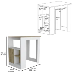 Ilot de cuisine Oviedo en mélaminé avec mini armoire 1 porte et étagères latérales , 91.28 cm X 91.99 cm X 59 cm , Multicolore