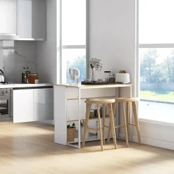 Ilot de cuisine table de bar - 3 étagères, porte-couteaux acier inox. - blanc aspect chêne clair