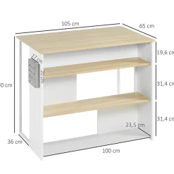 Ilot de cuisine table de bar - 3 étagères, porte-couteaux acier inox. - blanc aspect chêne clair