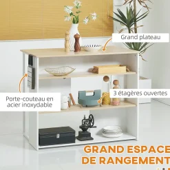 Ilot de cuisine table de bar - 3 étagères, porte-couteaux acier inox. - blanc aspect chêne clair