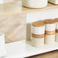 Ilot de cuisine table de bar - 3 étagères, porte-couteaux acier inox. - blanc aspect chêne clair