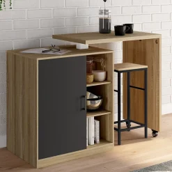 Ilot rotatif POLO meuble de bar pivotant 2 en 1 imitation hêtre porte noire