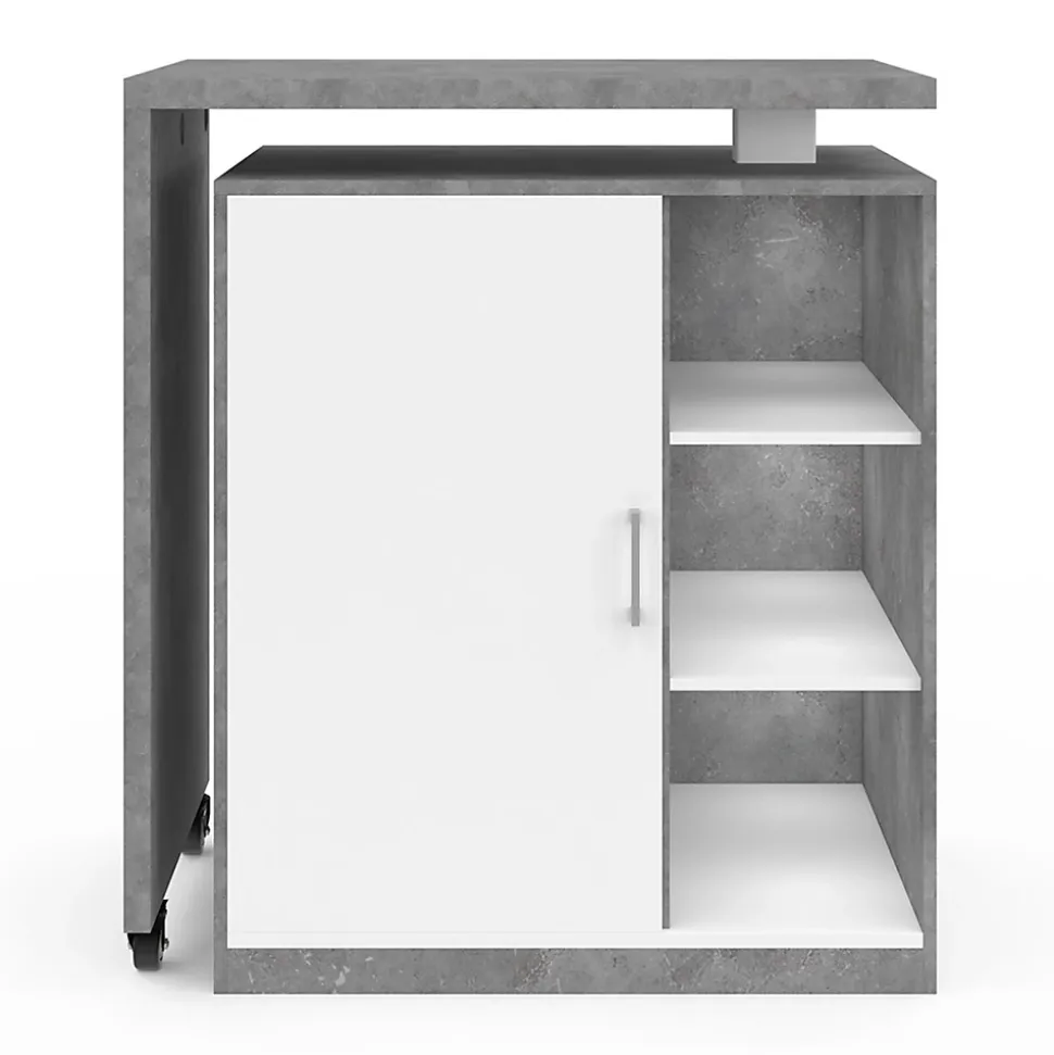 Ilot rotatif POLO meuble de bar pivotant 2 en 1 imitation béton porte blanche