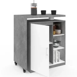 Ilot rotatif POLO meuble de bar pivotant 2 en 1 imitation béton porte blanche