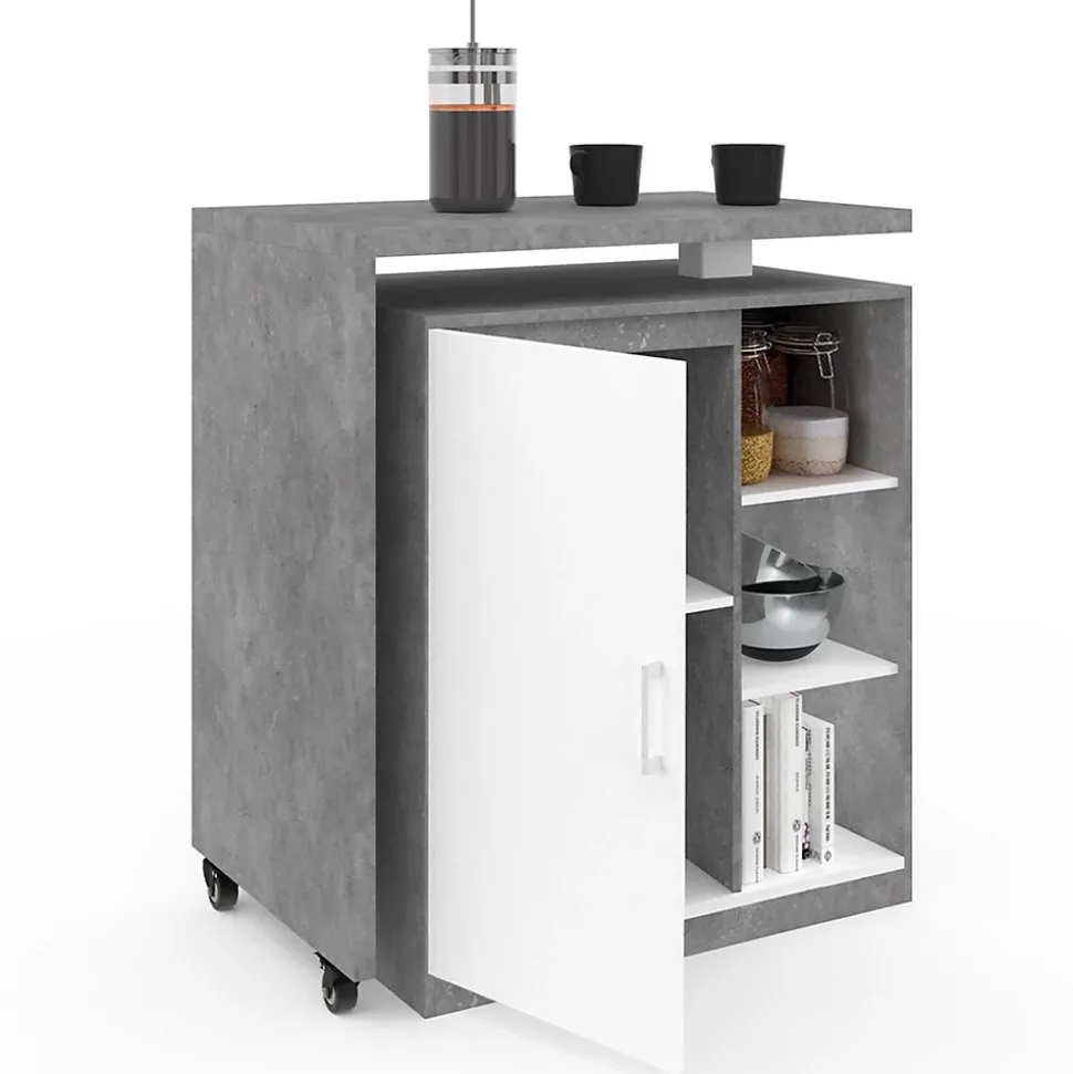 Ilot rotatif POLO meuble de bar pivotant 2 en 1 imitation béton porte blanche