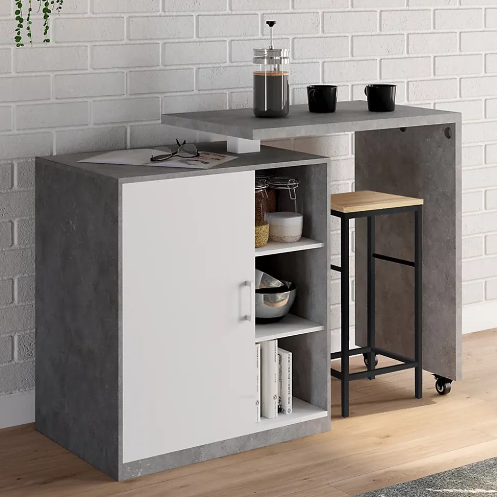 Ilot rotatif POLO meuble de bar pivotant 2 en 1 imitation béton porte blanche