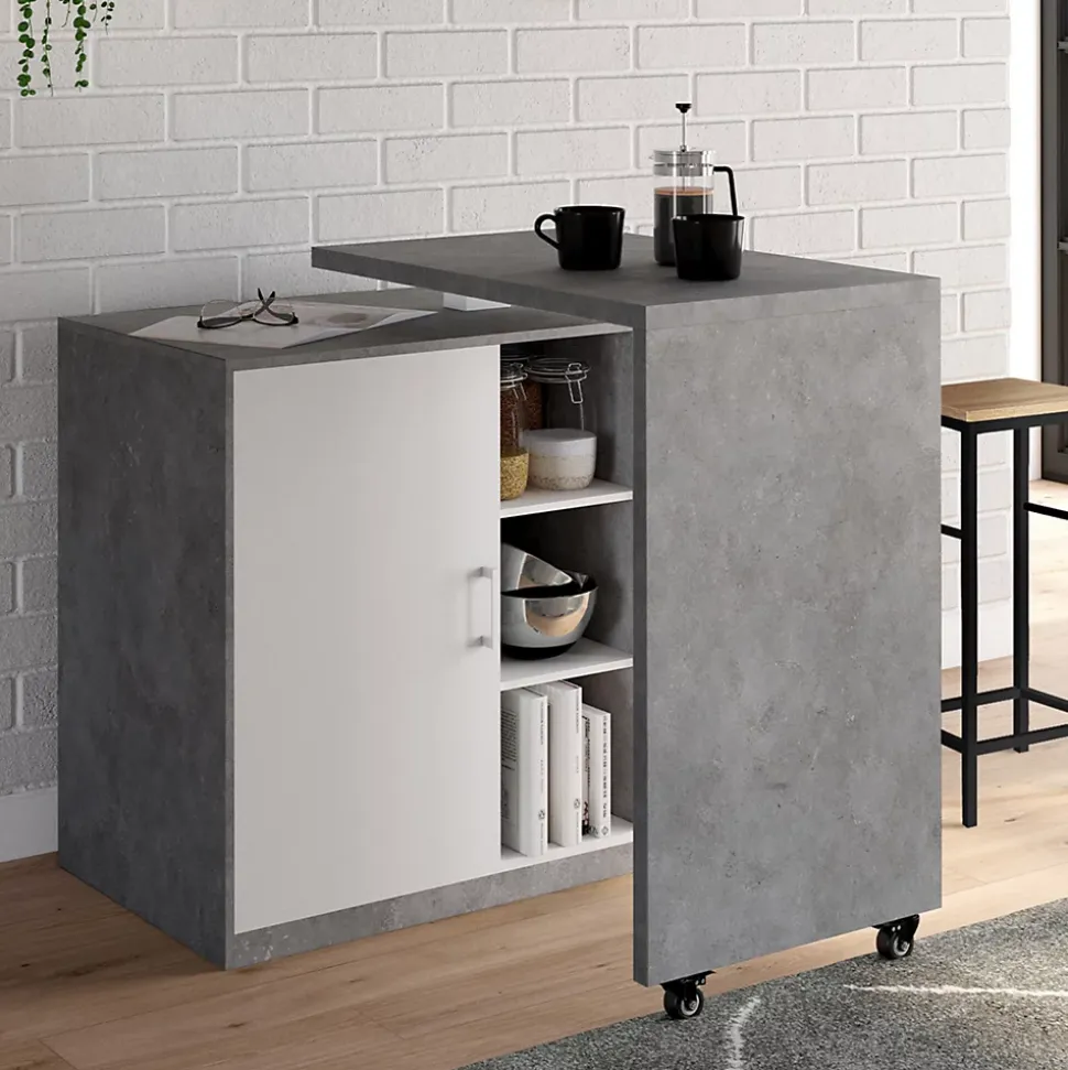 Ilot rotatif POLO meuble de bar pivotant 2 en 1 imitation béton porte blanche