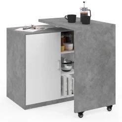Ilot rotatif POLO meuble de bar pivotant 2 en 1 imitation béton porte blanche