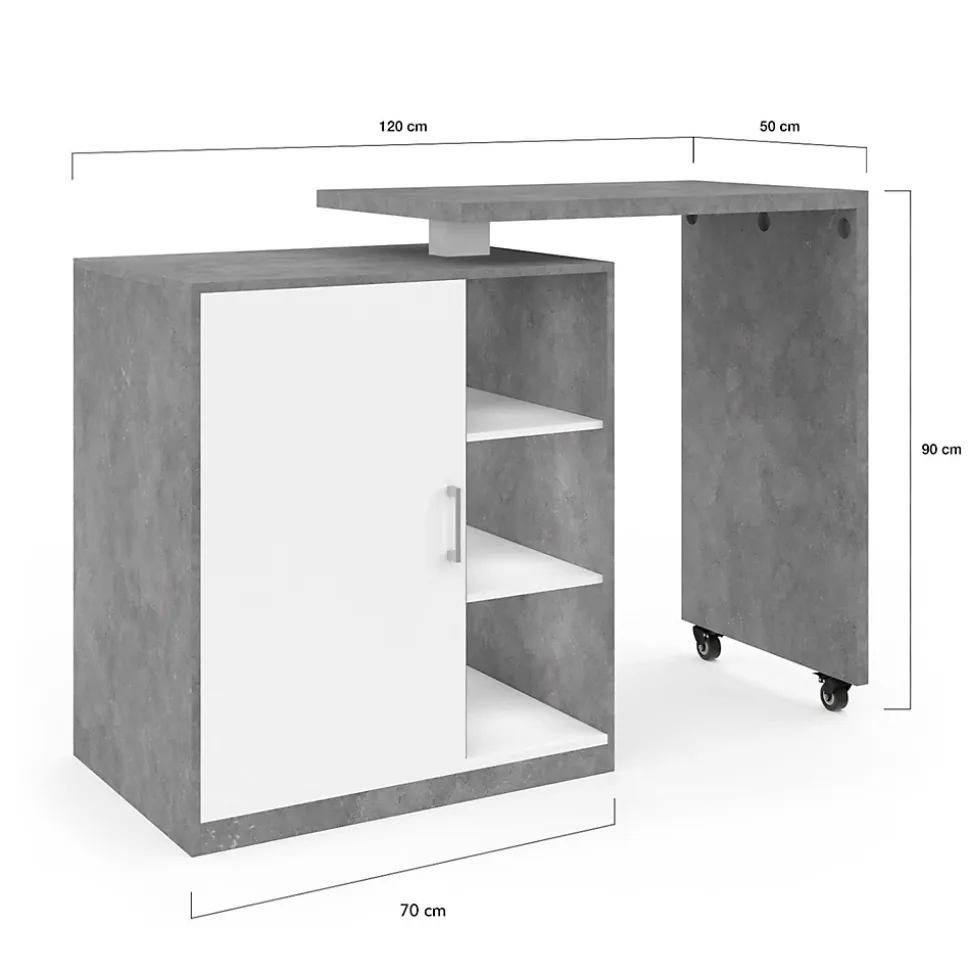 Ilot rotatif POLO meuble de bar pivotant 2 en 1 imitation béton porte blanche