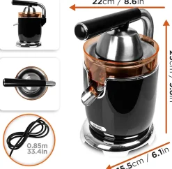 JE605 Presse agrumes 600W Capacité 400 ml Filtre réglable pour la pulpe Jus oranges citrons fruits agrume frais maison Duronic