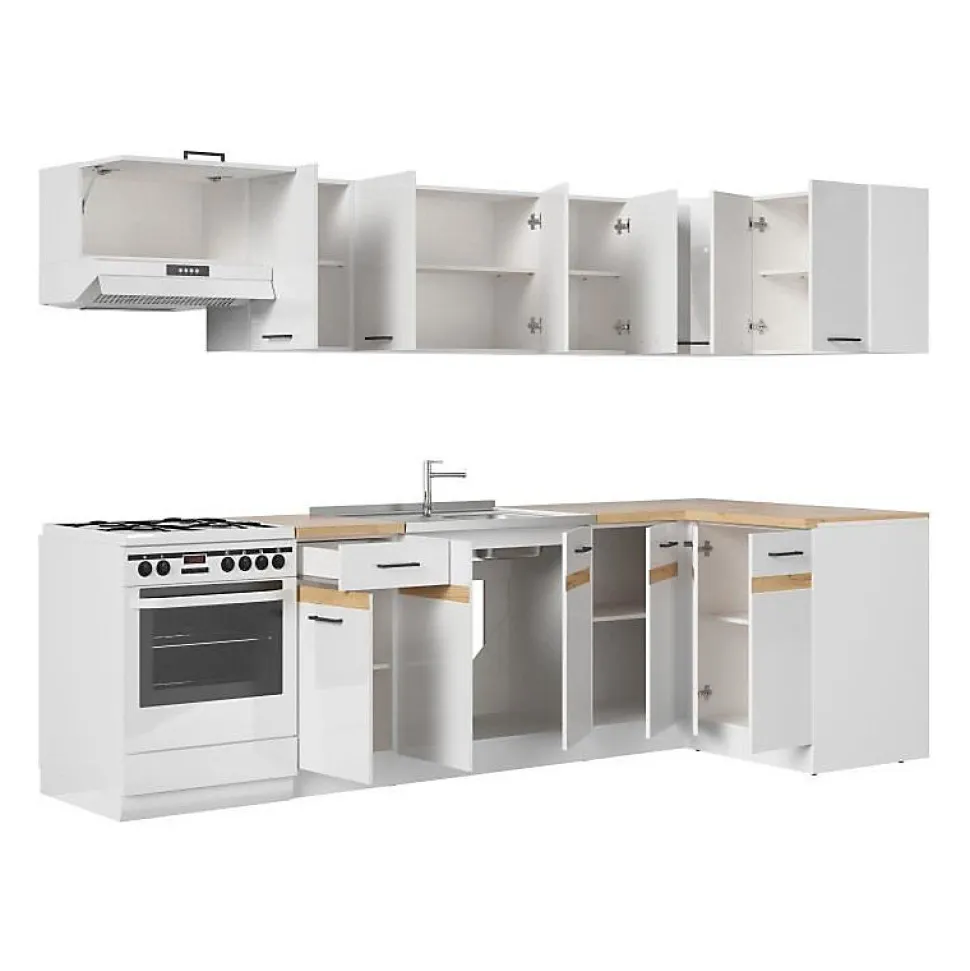 JUNONA Cuisine d'angle complete 340cm - 10 éléments - Plan de travail inclus - Blanc brillant