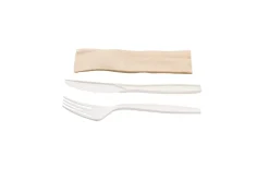 Kit couverts blanc 3 en 1 en maïs : couteau + fourchette + serviette kraft - 500 unités - Betik