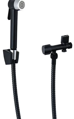 Kit hygiène WC avec douchette 2 jets + flexible + support mural + robinet alimentation, noir/chrome, MTK Harmonie