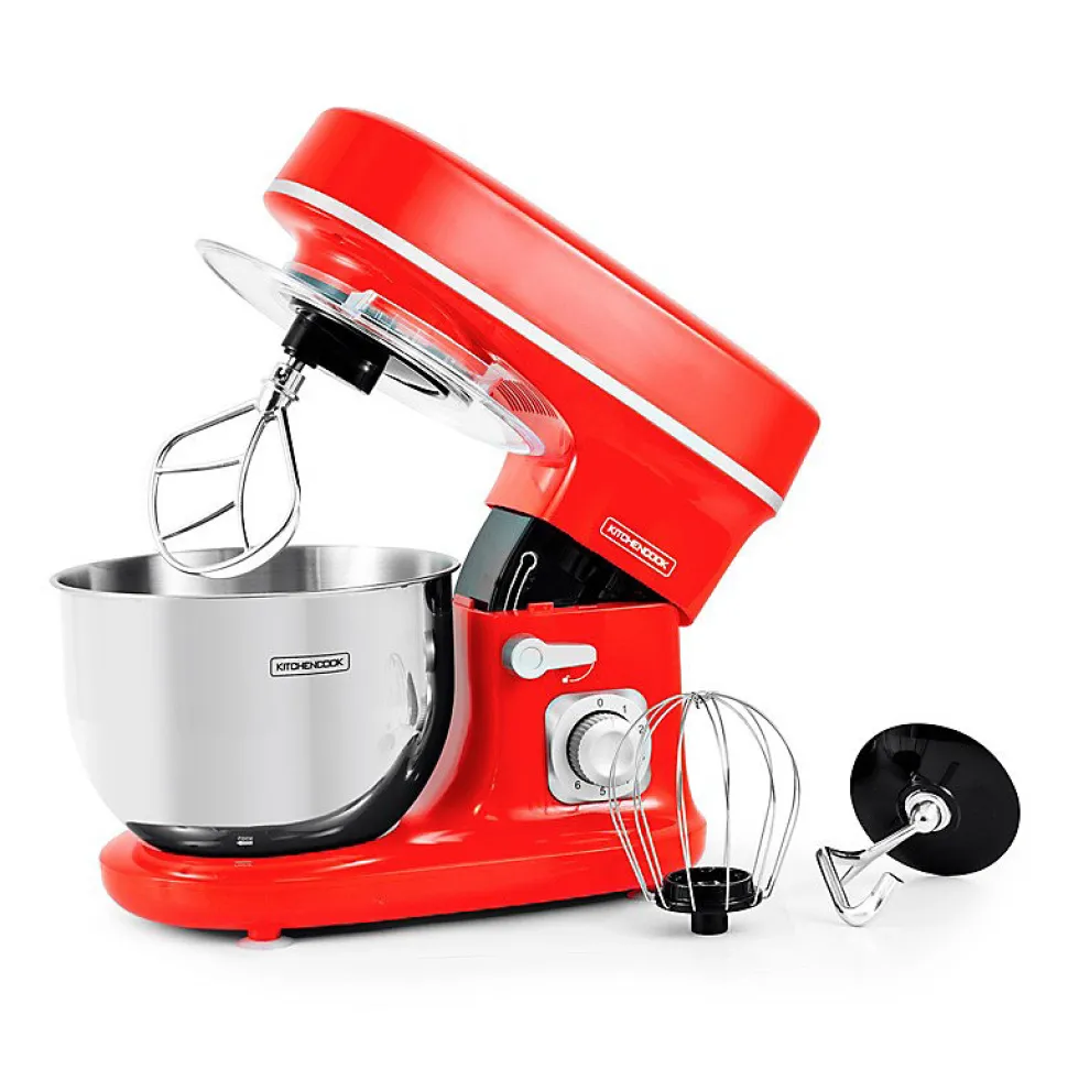 Kitchencook - Robot Pétrin 5l - 1300w - 6 Intensités - Bol Amovible Acier Inoxydable - Crochet à Pâte - Fouet à Fils - Rouge