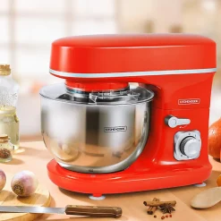 Kitchencook - Robot Pétrin 5l - 1300w - 6 Intensités - Bol Amovible Acier Inoxydable - Crochet à Pâte - Fouet à Fils - Rouge