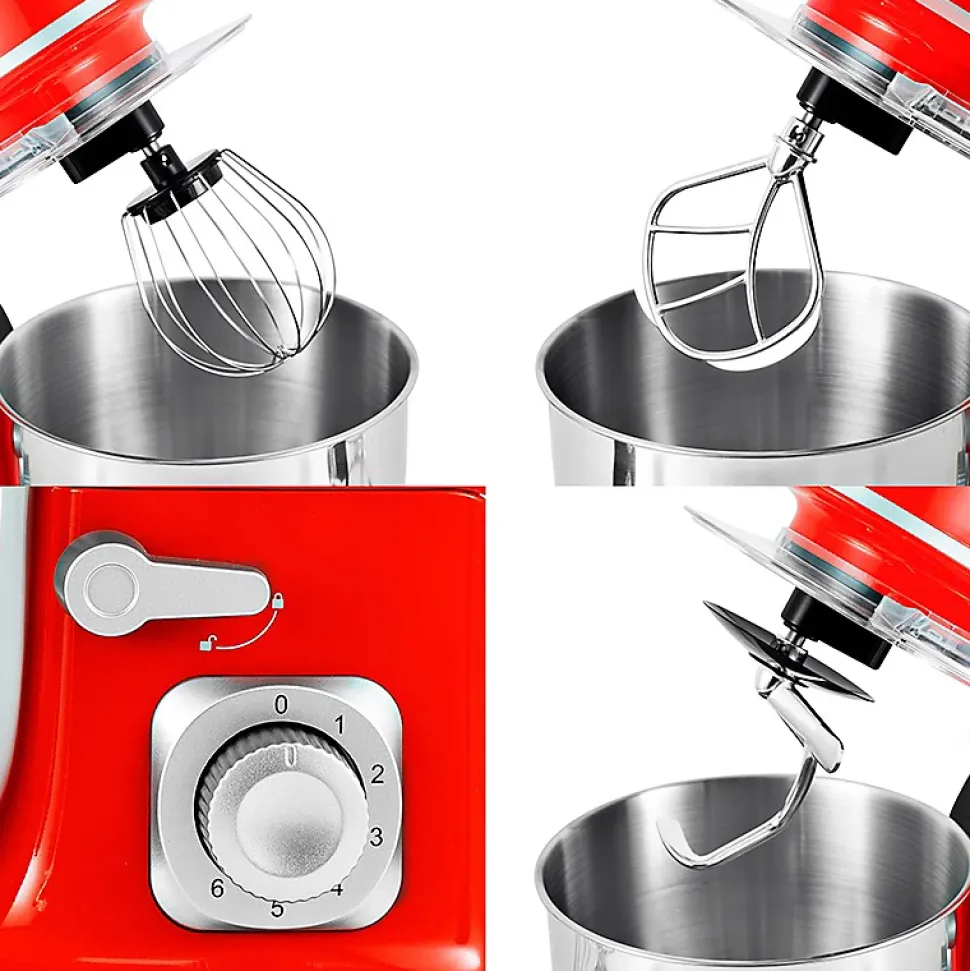 Kitchencook - Robot Pétrin 5l - 1300w - 6 Intensités - Bol Amovible Acier Inoxydable - Crochet à Pâte - Fouet à Fils - Rouge