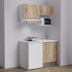 Kitchenette K02 - 120 cm - façades Bois - Plan monobloc en quartz coloris Snova évier à droite