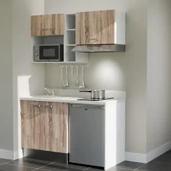 Kitchenette K13 - 140 cm - façades Bois - Plan monobloc en quartz coloris Snova évier à gauche - Electroménager Inox