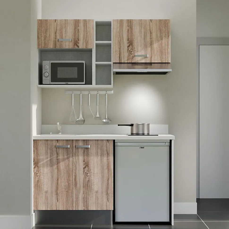 Kitchenette K13 - 140 cm - façades Bois - Plan monobloc en quartz coloris Snova évier à gauche - Electroménager Inox