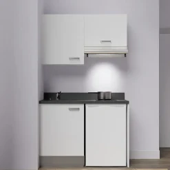 Kitchenette K01 - 120 cm - façades Blanc - Plan monobloc en quartz coloris Nero évier à gauche
