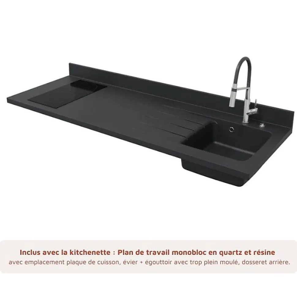 Kitchenette K55 - 180 cm - façades Bois - Plan monobloc en quartz coloris Nero évier à droite