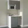 Kitchenette K00 - 100 cm - façades Gris - Plan monobloc en quartz coloris Snova évier à droite - Electroménager Inox