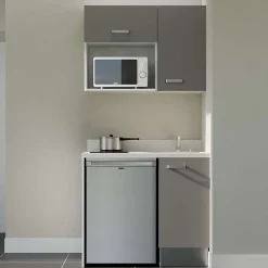 Kitchenette K00 - 100 cm - façades Gris - Plan monobloc en quartz coloris Snova évier à droite - Electroménager Inox