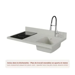Kitchenette K00 - 100 cm - façades Gris - Plan monobloc en quartz coloris Snova évier à droite - Electroménager Inox